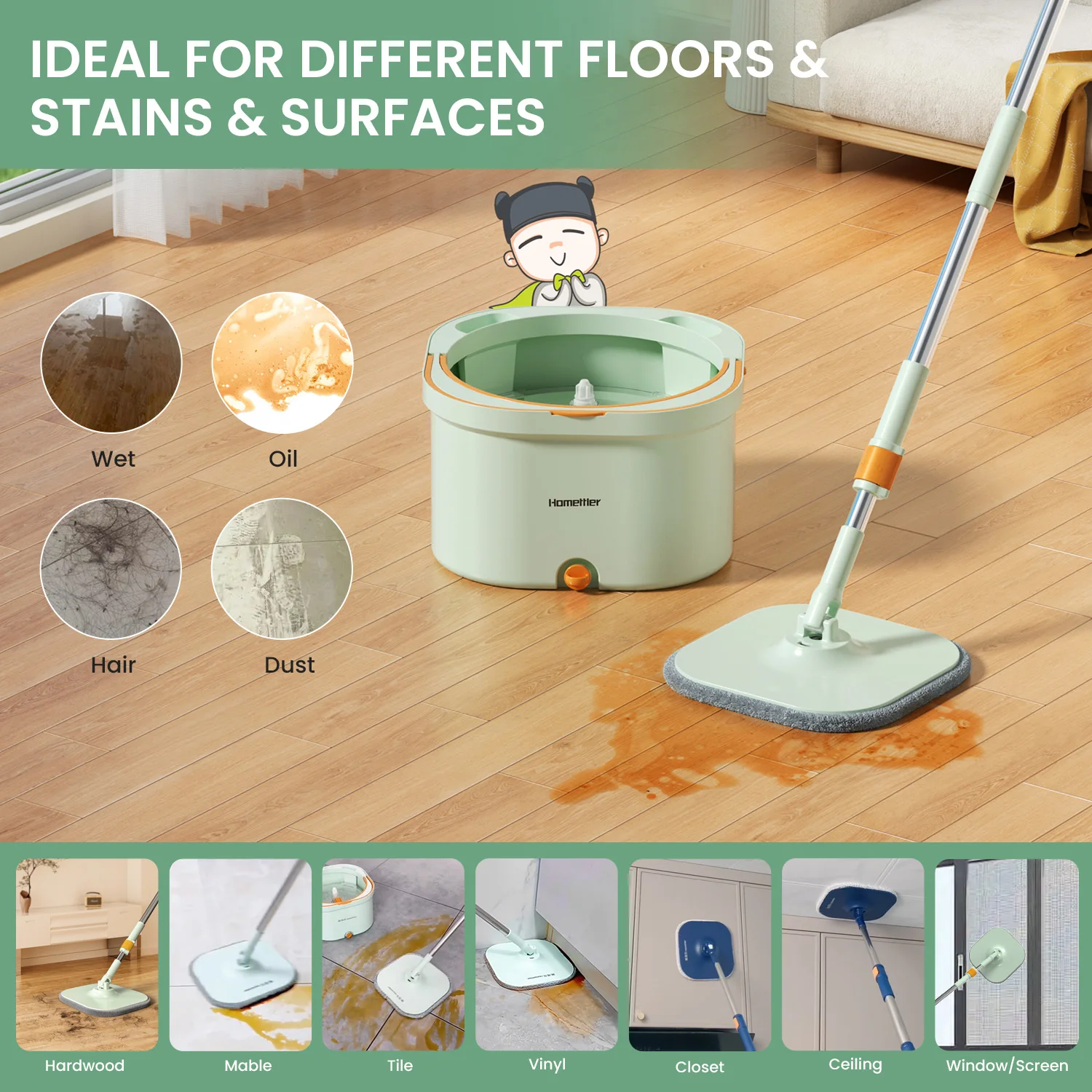 Large Spin Mop with Bucket Hand-free Washing Dirty Separation Rotating Squeeze Mop Triangular Window Cleaner Cleaning Tools