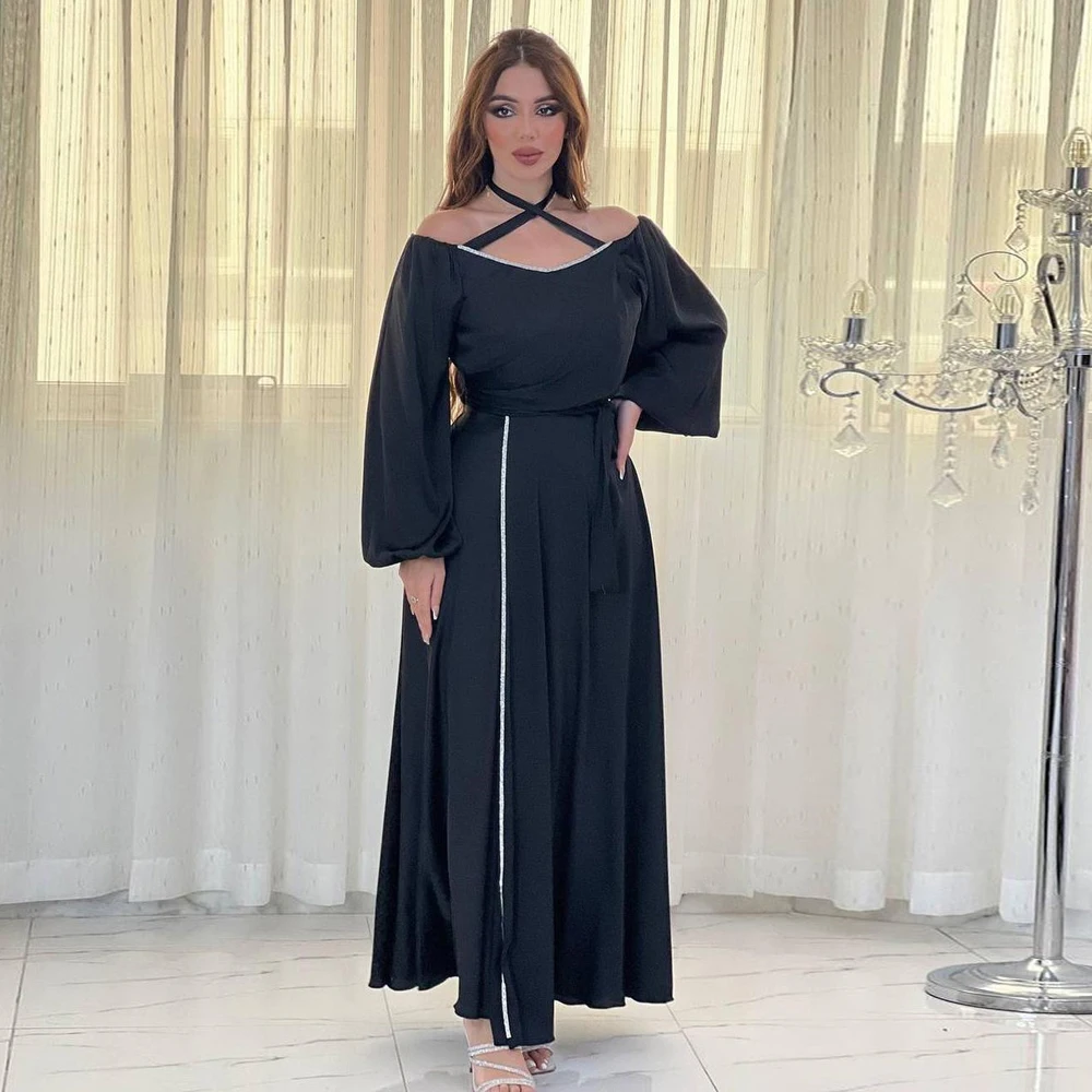 

Fashion Satin Muslim Dress For Women Chic Solid Diamonds Lantern Sleeve Belted Clothing Moroccan Turkish Evening Robe