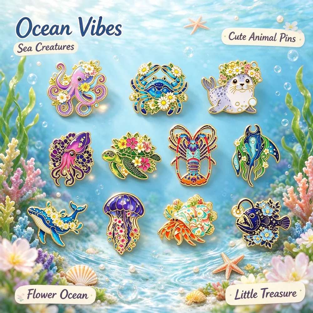 Ocean Animal Flower Enamel Pins Colorful Octopus Crab Seal Turtle Lobster Manta Ray Whale Lapel Badge Metal Brooch Backpack