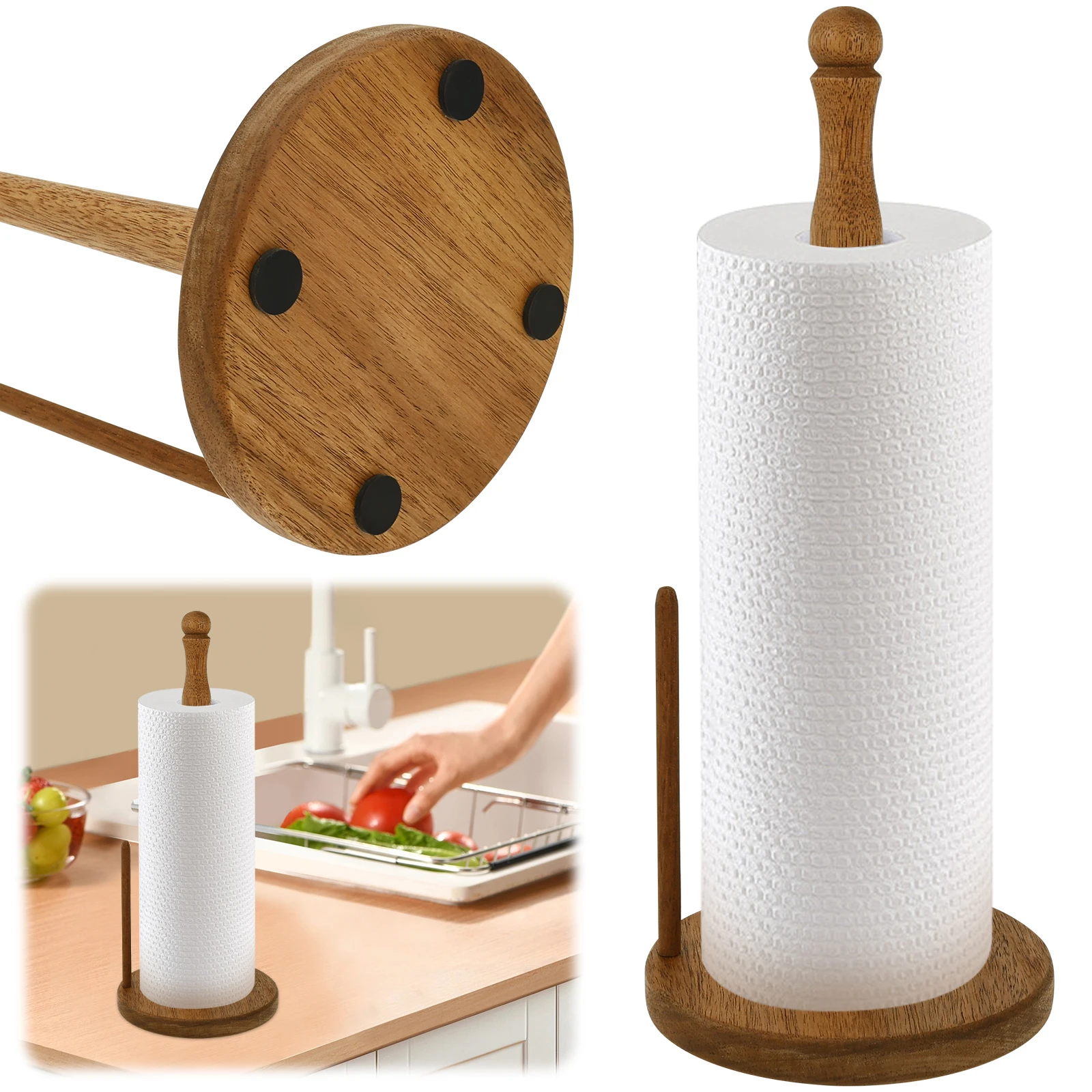 Vertical Wooden Roll Paper Shelf Countertop Towel Roll Organizer Natural Anti-Skid Base Paper Towel Kitchen Storage Accessories