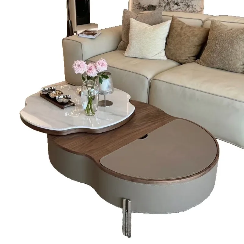 

Cream wind multi-functional coffee table living room lifting coffee table household microcrystalline stone rotating coffee table
