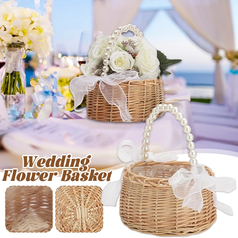 

Rattan Weaving Flower Basket With Pearl Handle Bow Hand Woven Wedding Decoration Supplies Children's Handheld Storage Basket