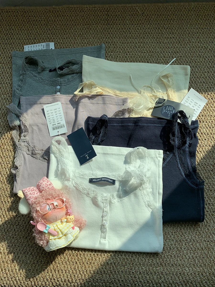 Spitze Trim Lila Schlank Tank Tops Frauen Sommer Vier Tasten Baumwolle Leibchen Weibliche Casual Süße Alle-spiel Grundlegende gerippte Camis Neue – Detail 2