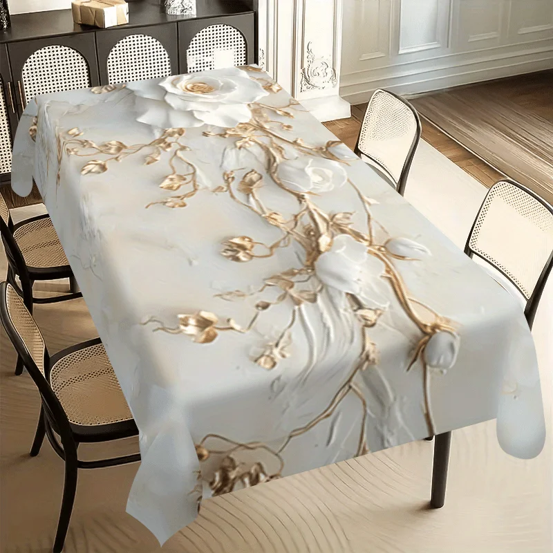 One elegant Art Deco-style tablecloth - featuring golden branches and white floral patterns, suitable for weddingszyc