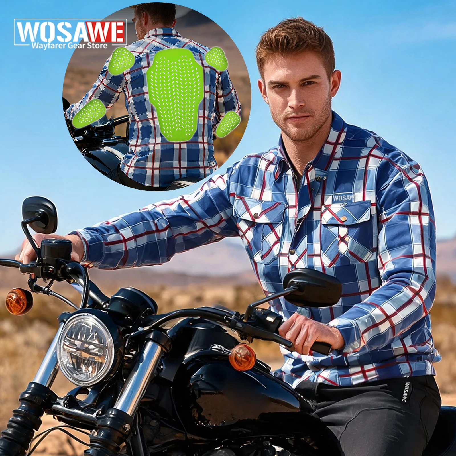 WOSAWE Men Classic Plaid Motorbike Jacket Multi-Pocket Urban Biker Outerwear with Zipper & Snap Closure