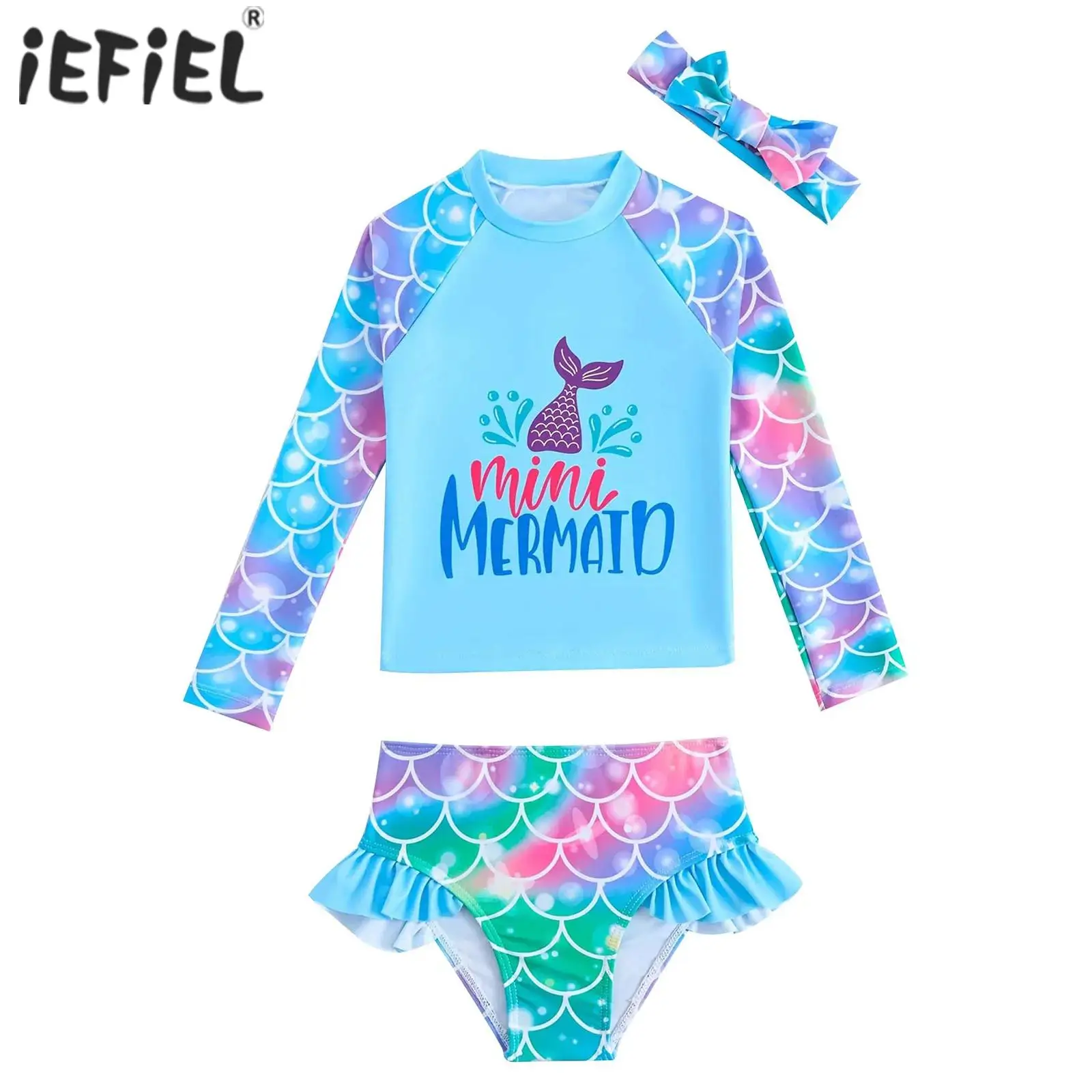 

Kids Girls 3-Piece Swimsuit Fish Scale Printed Swimwear Rash Guard Set Long Sleeve Top with Ruffled Trim Briefs and Headband
