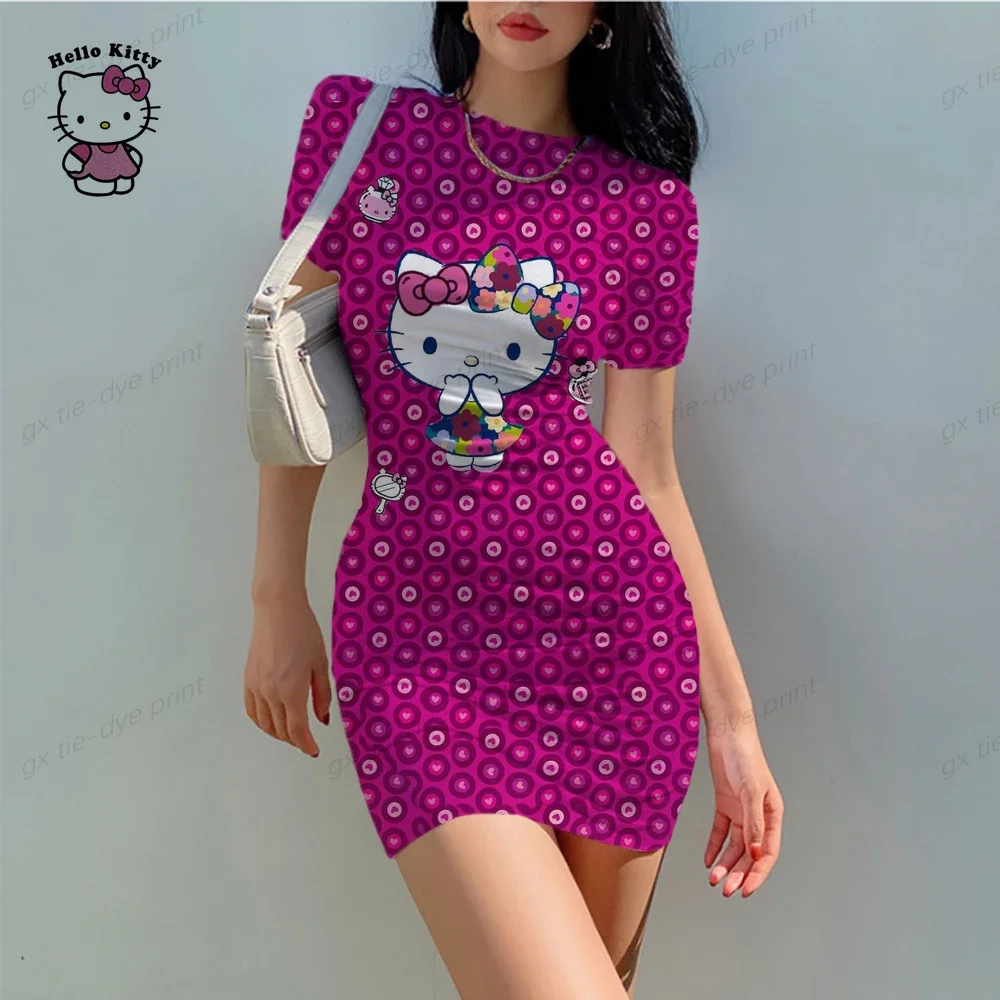 New round neck short sleeved Hello Kitty tight mini skirt sexy short skirt elegant chest slim fit pleated dress for women