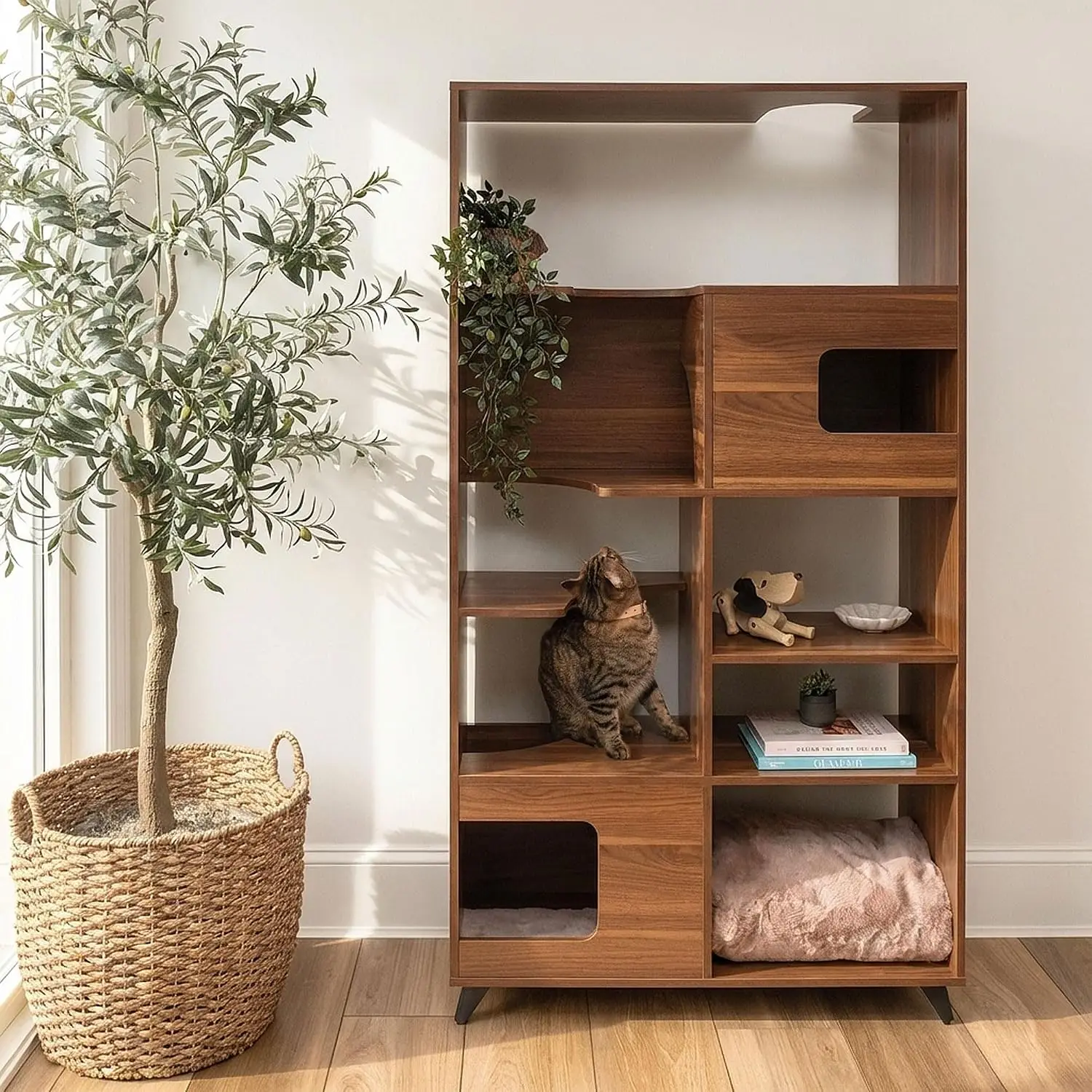 4-Tier Cat Tree Bookshelf Modern Pet Condo Climbable Shelves Multi-Level Tower Indoor Furniture Space-Saving 69