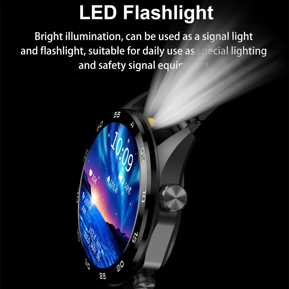 Männer Smart Uhr Outdoor BT Anruf Schlaf Gesundheit Überwachung Smartwatch Wasserdichte LED Taschenlampe Armbanduhr Sport Fitness AI Stimme