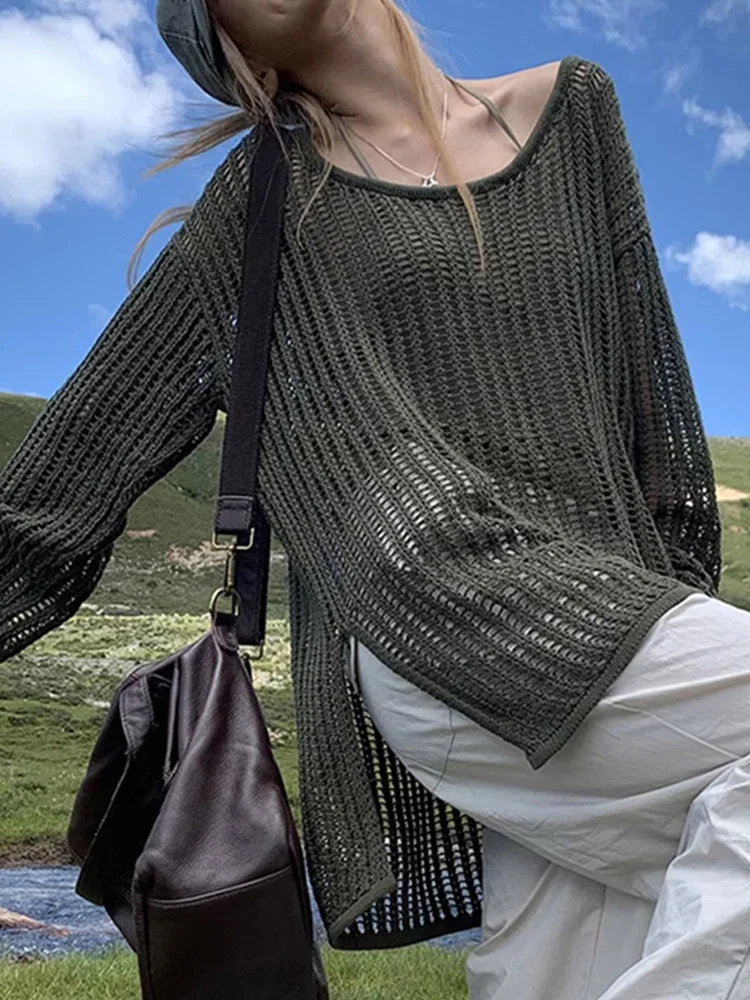 

New Fashion Long Sleeve Hollow Out Pullovers Knitted Women Sweater Casual Loose O Neck Sweaters Summer Sunscreen Shirt