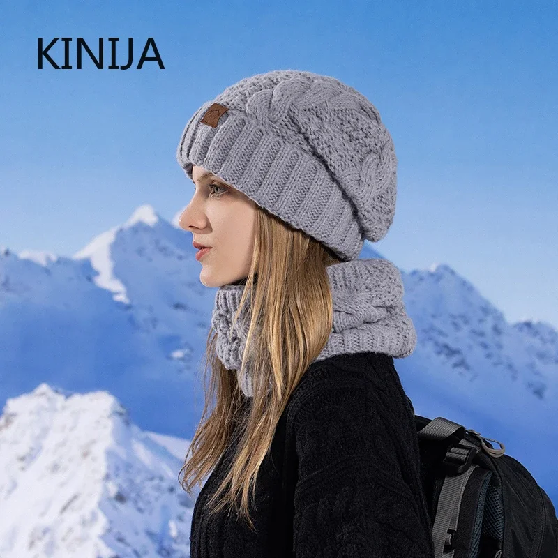 New Winter Women's Knitted Hat Scarf Set Thickened Wool Lined Beanie Outdoor Cycling Warm Windproof Beanie