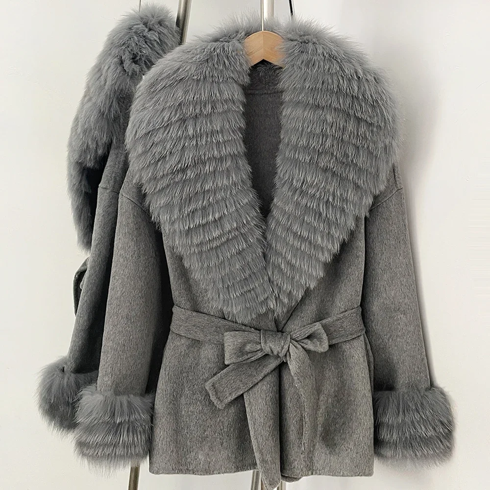 OFTBUY Neuer Damen Kurzmantel aus 100% Wolle Luxuriöse Winteroberbekleidung Übergroßer Echter Fuchspelzkragen Gürtel-Wickeljacke für Damen – Detail 16