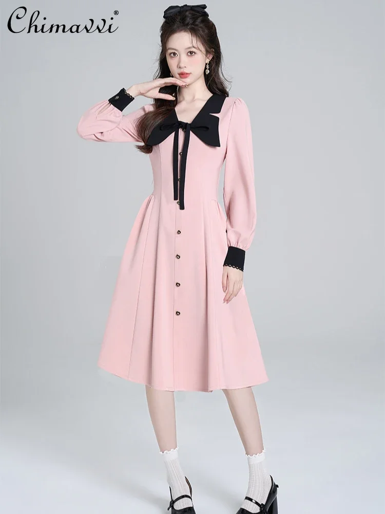 

Doll Collar Bow Long Sleeve Pink Long Dress Women Autumn French Sweet Elegant Single-breasted High Waist Slim Fit A-line Dress
