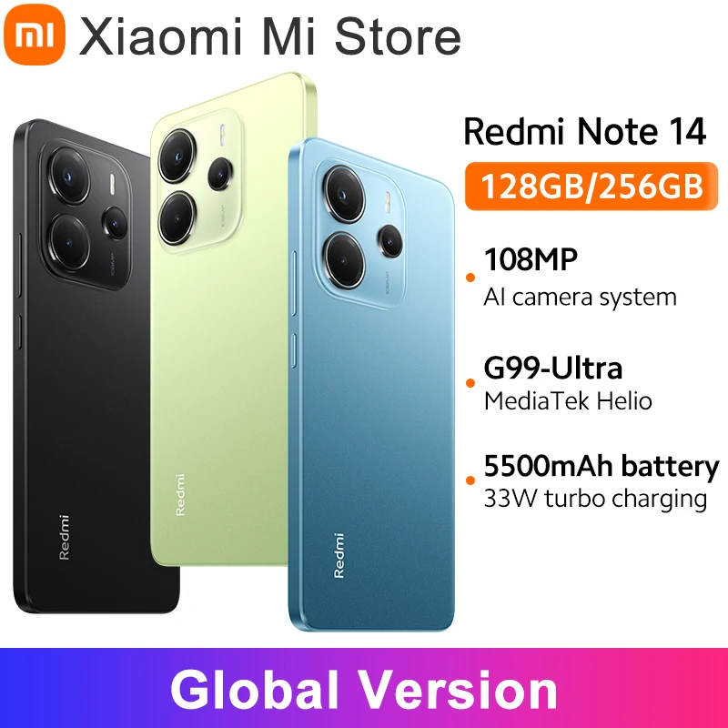 【Brand+】Global Version Xiaomi Redmi Note 14 MediaTek Helio G99-Ultra 108MP AI 5500mAh 6.67" AMOLED 120Hz Display