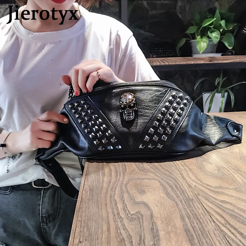 JIEROTYX Chest Bag for Women Crossbody Punk Style Rivet Skull Waist Bag Women Black Fanny Pack Leather Great Quality