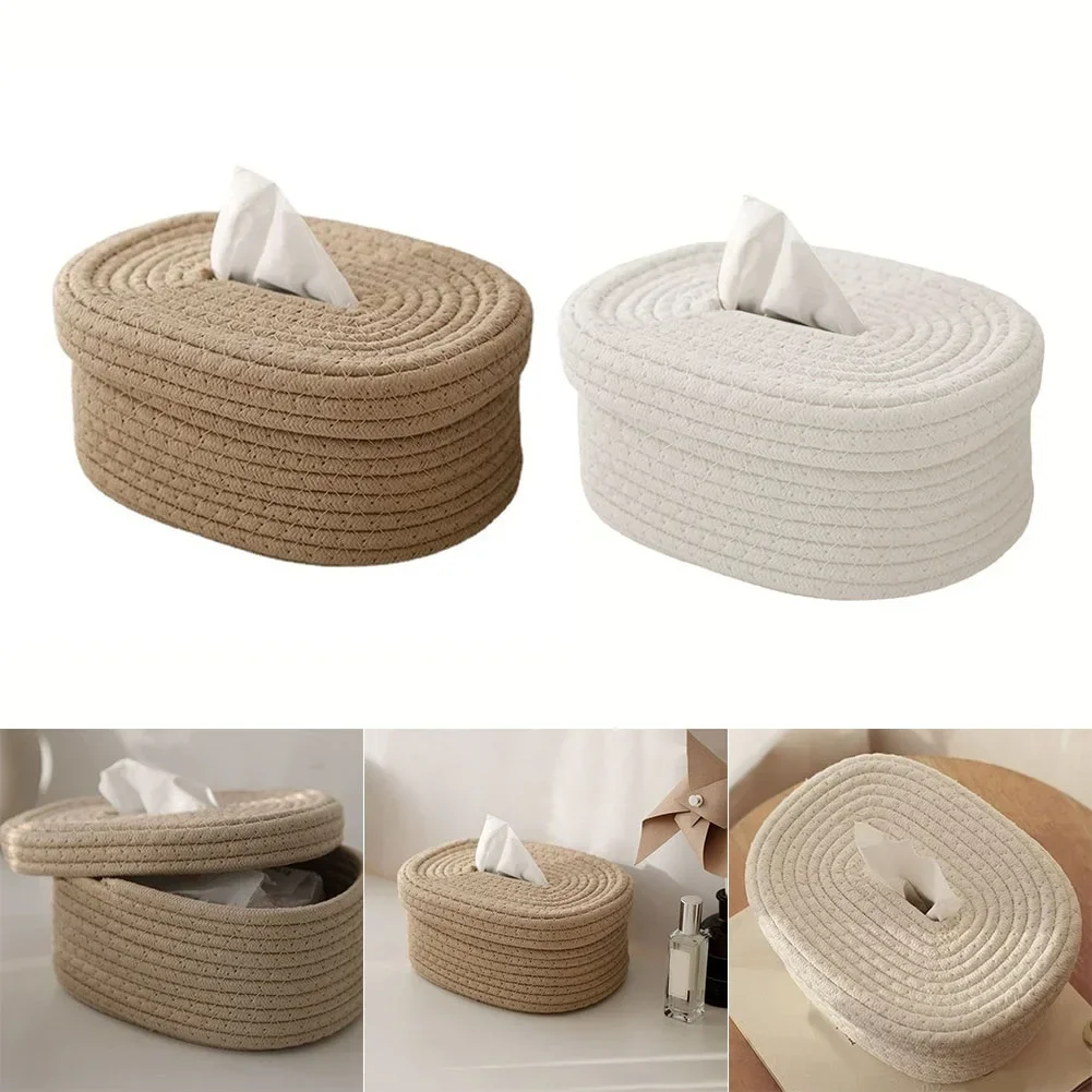 Caja de pañuelos de cuerda de algodón, caja de pañuelos tejida, caja de almacenamiento de escritorio, caja de papel de bombeo, decoración para el