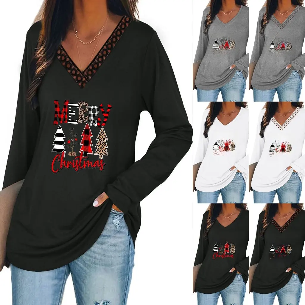 

Женская рождественская елка с буквенным принтом, кружевная футболка с v-образным вырезом и длинными рукавами, модный топ в европейском и американском стиле