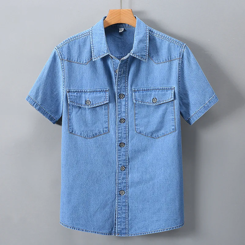Summer Men's Denim Shirt Thin Cotton Short Sleeve Casual Shirt Jacket Slim Fit Lapel Collar Workwear Tops Daily Shirts New Shirt