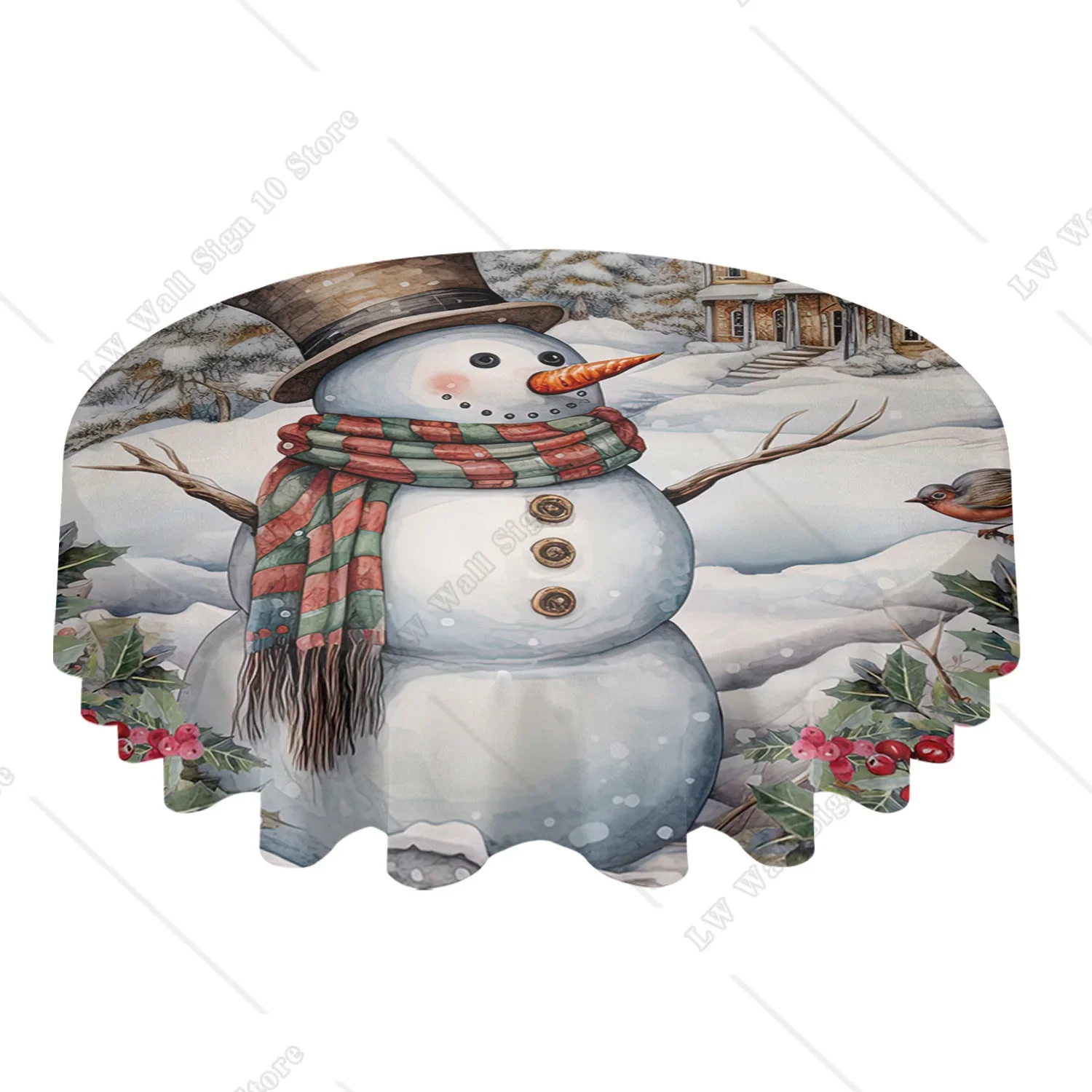 Christmas Snowman House Round Tablecloth Waterproof Wedding Party Table Cover Christmas Dining Table Tablecloth  for Kitchen