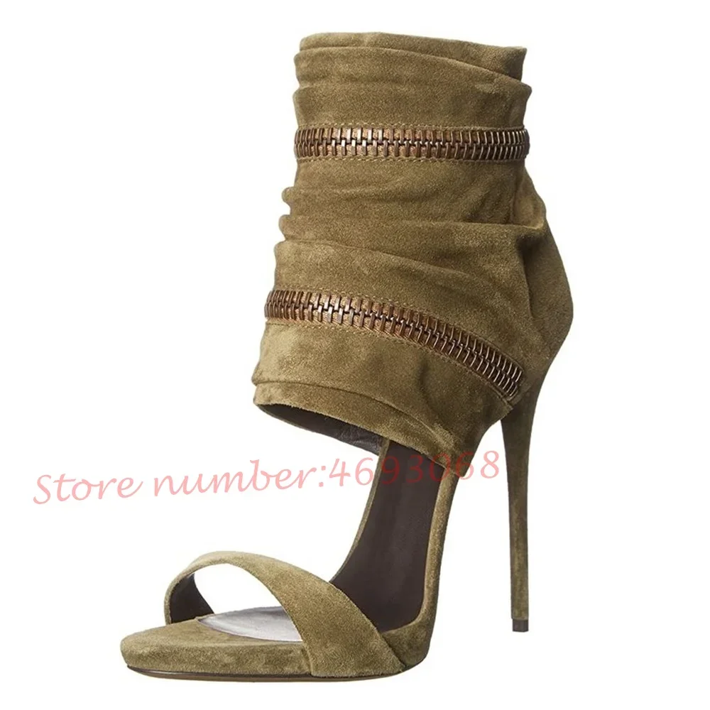 Zip Ankle Wrap High Heels Sandals Women Outfit Retro Brown Summer Elegant Flock Shoes Female Covered Heel Open Toe Suede Sandals image 3