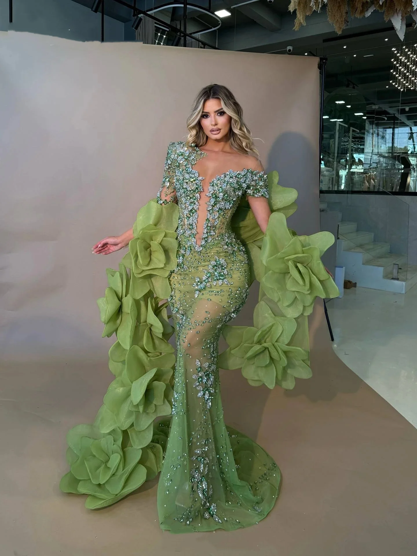 Shiny Evening Dresses Crystal Beading Prom Dress Detachable Cape See Through Long Sleeves Mermaid Party Gowns Vestidos De Noche