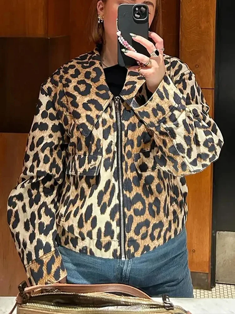 HH Vintage Casual Women Jackets Leopard Print Zippers Turn-down Collar Short Coats New Fashion 2024 Spring Holiday Jackets