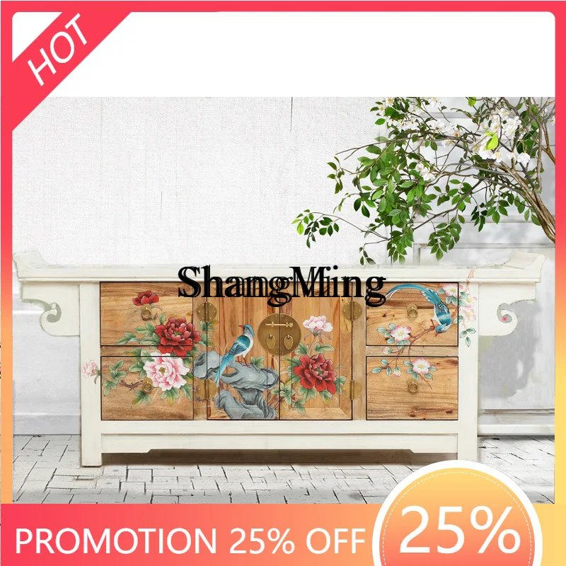 

SM premium Chinese-style painted furniture antique warped head four buckets double door locker porch TV cabinet
