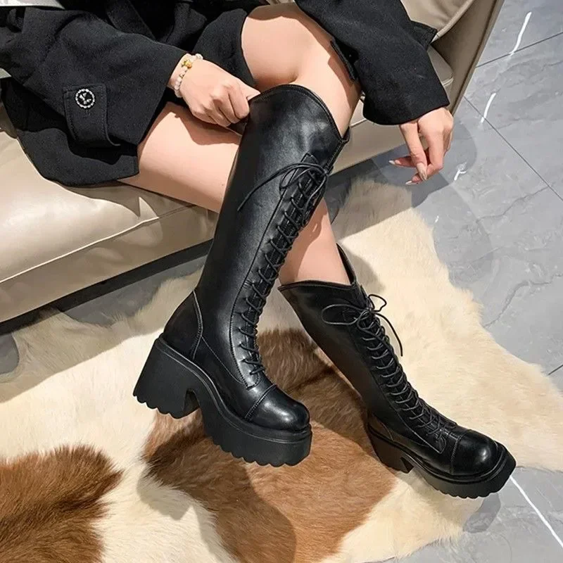 Mid Calf Boots Women Winter Boots Woman Ankle Boots Soft Lace-up Ladies Chelsea Zipper Botas Mujer Platform Heel Ladies Shoes