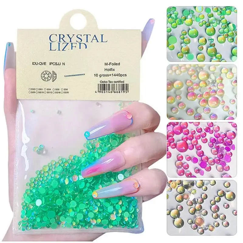 1440pcs Rhinestones Strass Mirror Stone Water Bling Design Decoration Crystal Beads Round Drop Iridescent Nail Art Charm