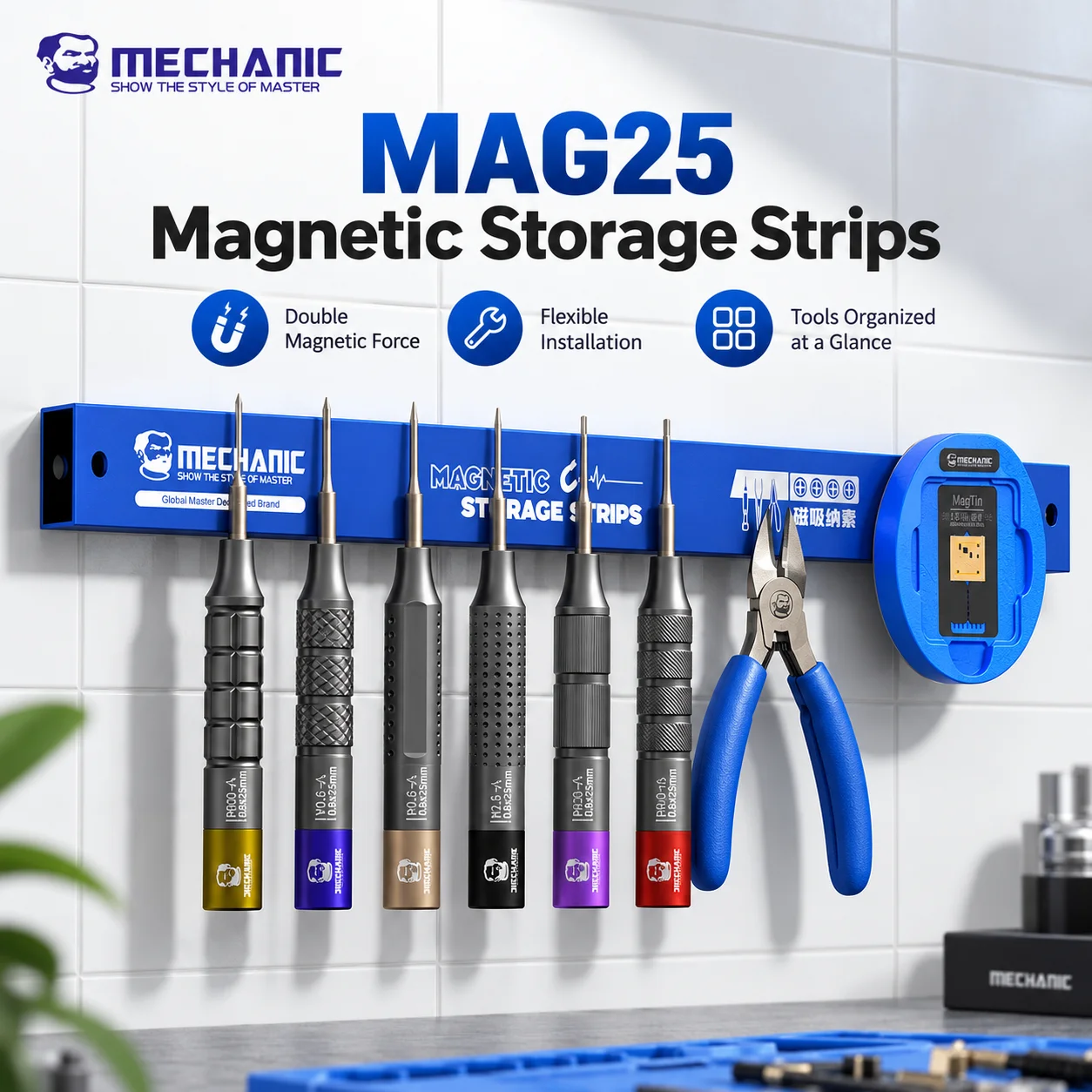 MECHANIC MAG25 250mm Strong Magnetic Tool Holder Bar Screwdriver Tweezers Organizer for Phone Repair Workshop Metal Tool Storage