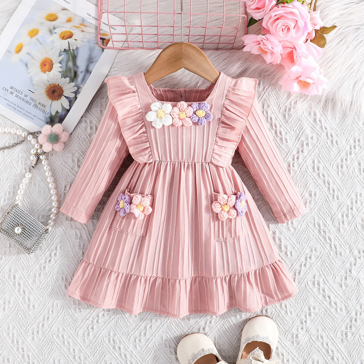 

Winter 2024 Girls Dress Girls Long Sleeve Ruffles Flowers Ruffles Pink Cute Preepy Look Birthday Party Dresses Vestidos 0-24M