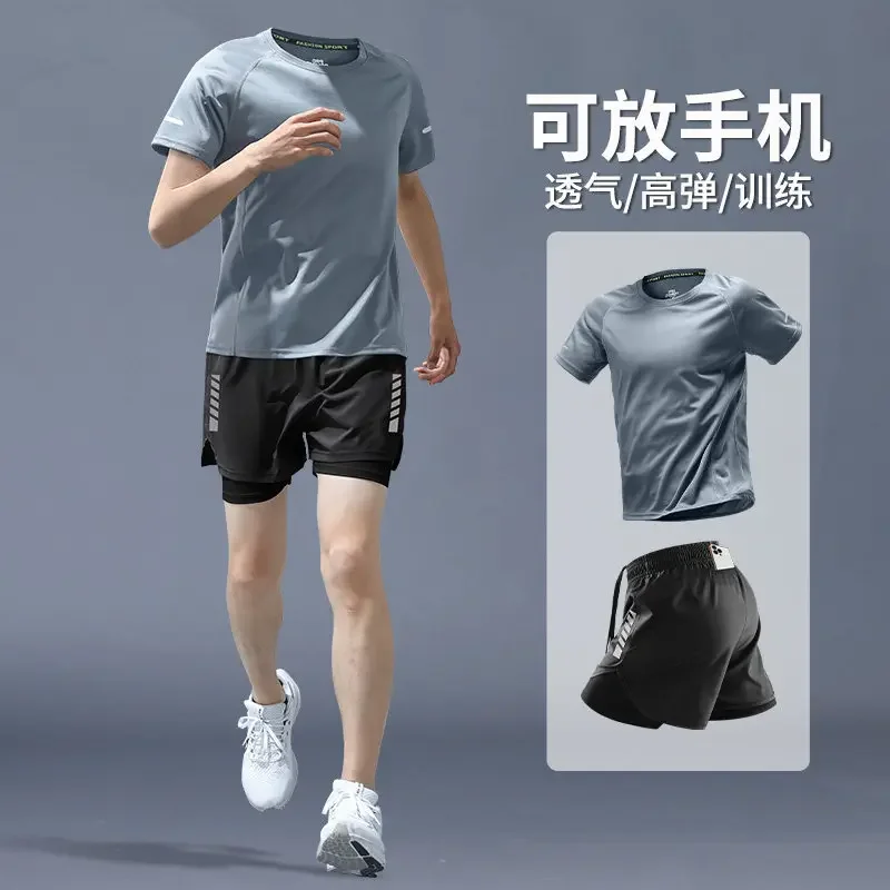 

Running sportswear set for men - summer quick-drying short-sleeved shorts and marathon training t-shirt for fitness wear.