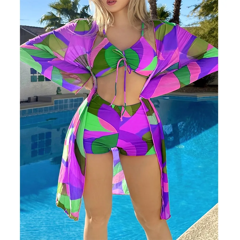 Fashion Geometry Printed Gradient Sunscreen Shirt Split Women's 3-Piece Bikini Swimsuit Beach Vacation Pool Water Sports