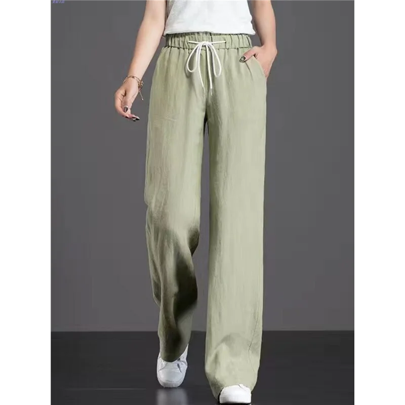 بنطلونات كاجوال عالية الخصر مستقيمة الساق من مزيج القطن، بنطلونات واسعة ورفيعة للنساء، متعددة الاستخدامات ومريحة وفضفاضة.