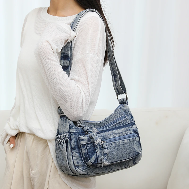 Washed Denim Shoulder Bags Women Small Canvas Messenger Bags Many Zipper Cloth Crossbody Bags 100% Cotton Female Packages Young