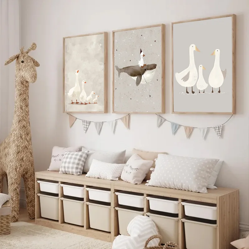 Light Grey Apricot Boho Cartoon Animal Art Poster Goose Duck Whale Children's Room Canvas Painting Home Decor Wall Art