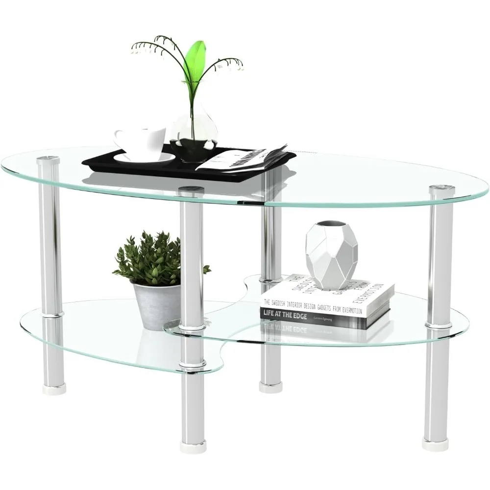 

Oval Glass Coffee Table Glass Tabletop Cocktail Table with Silver Wood Legs, 3 Tier Storage Shelf Modern Tea Coffee Table Side