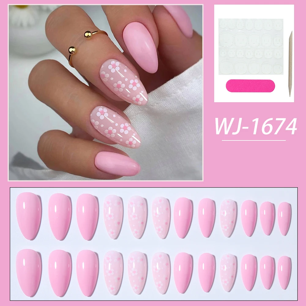 24 قطعة من زهور اللوز للأطفال مع طرف لامع اضغط على الأظافر، مجموعة أظافر صناعية من الأكريليك مناسبة تمامًا، تحتوي على قطعة واحدة من غراء الجيلي و1 قطعة Na