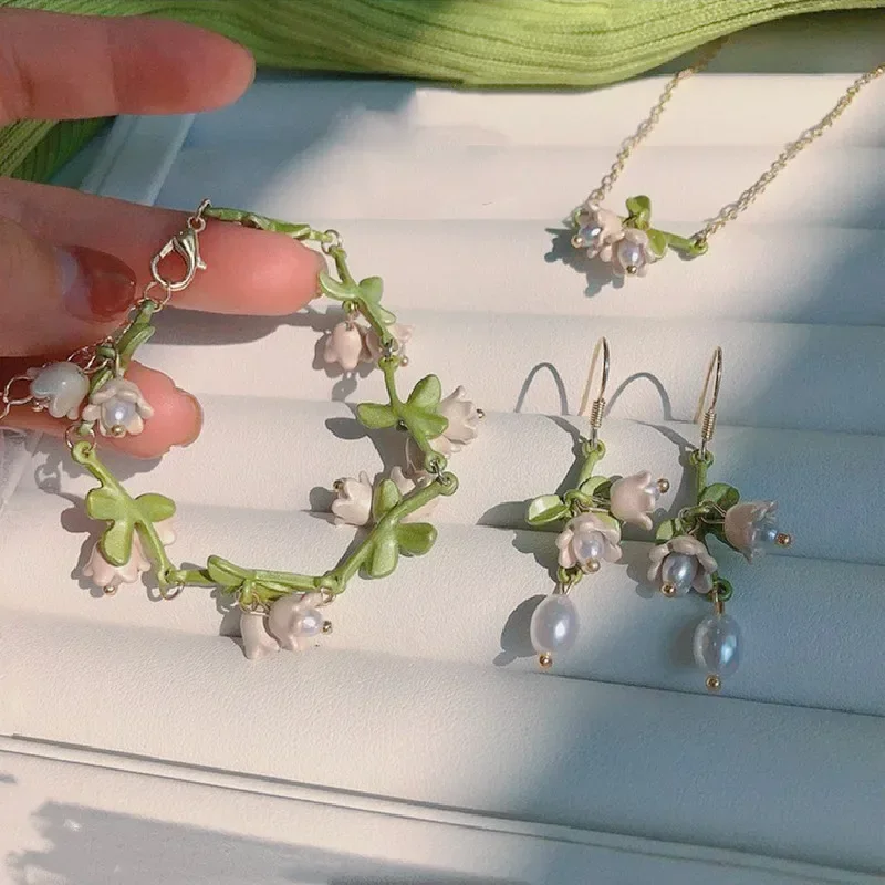 Boho Style Lily of the Orchid Necklace Earrings Bracelet Sets Super Fairy Flower Shaped Charms Jewelry for Women Girls