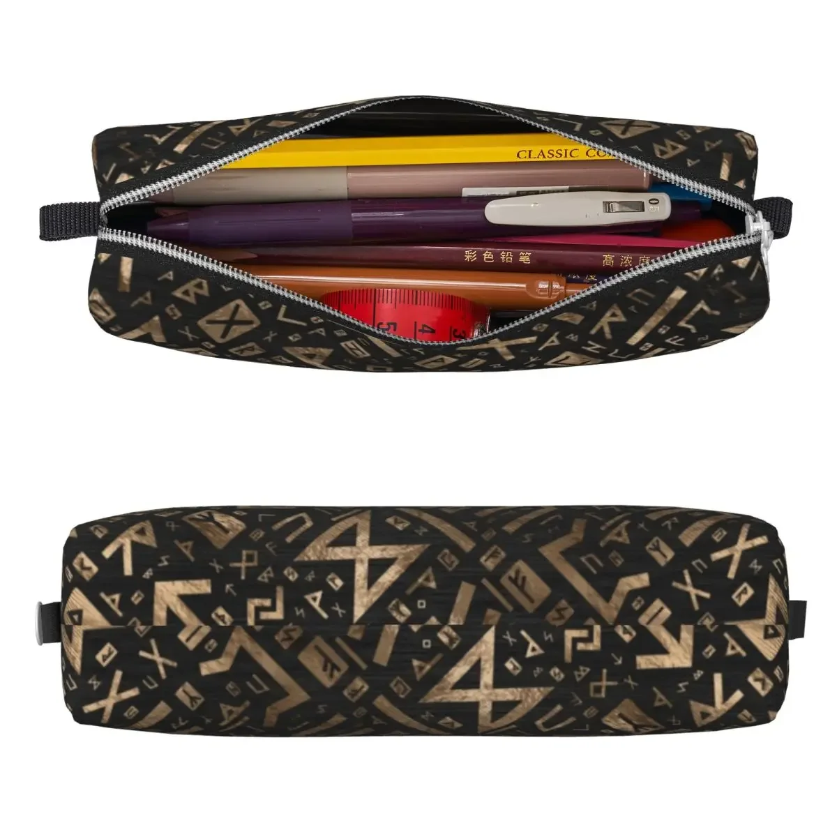 Elder Runes Futhark Pattern Gold Pencil Cases Norse Mythology Pen Box Bags for Student Big Students School Zipper Pencilcases