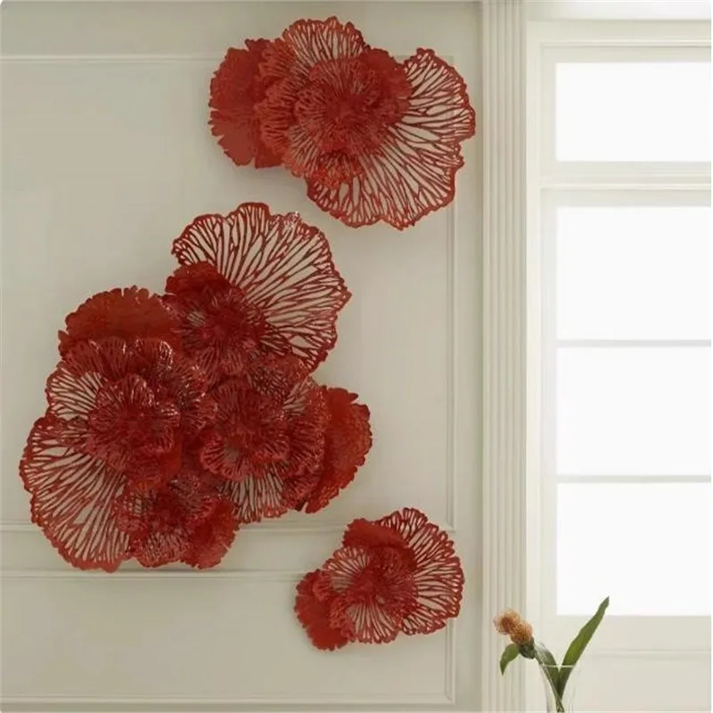 Front desk restaurant modern light luxury sofa three-dimensional flower wall hanging, wrought iron wall pendant background