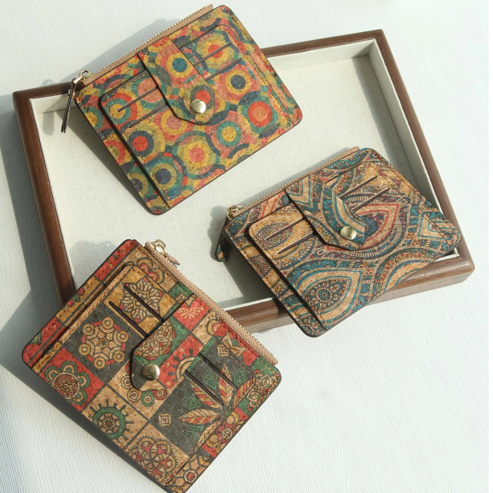 Retro Cork Zero Wallet Ethnic Style Multi Slot Card Pack Portable Zipper Wallet Large Capacity Card Pack Bank Card ID Card Stora