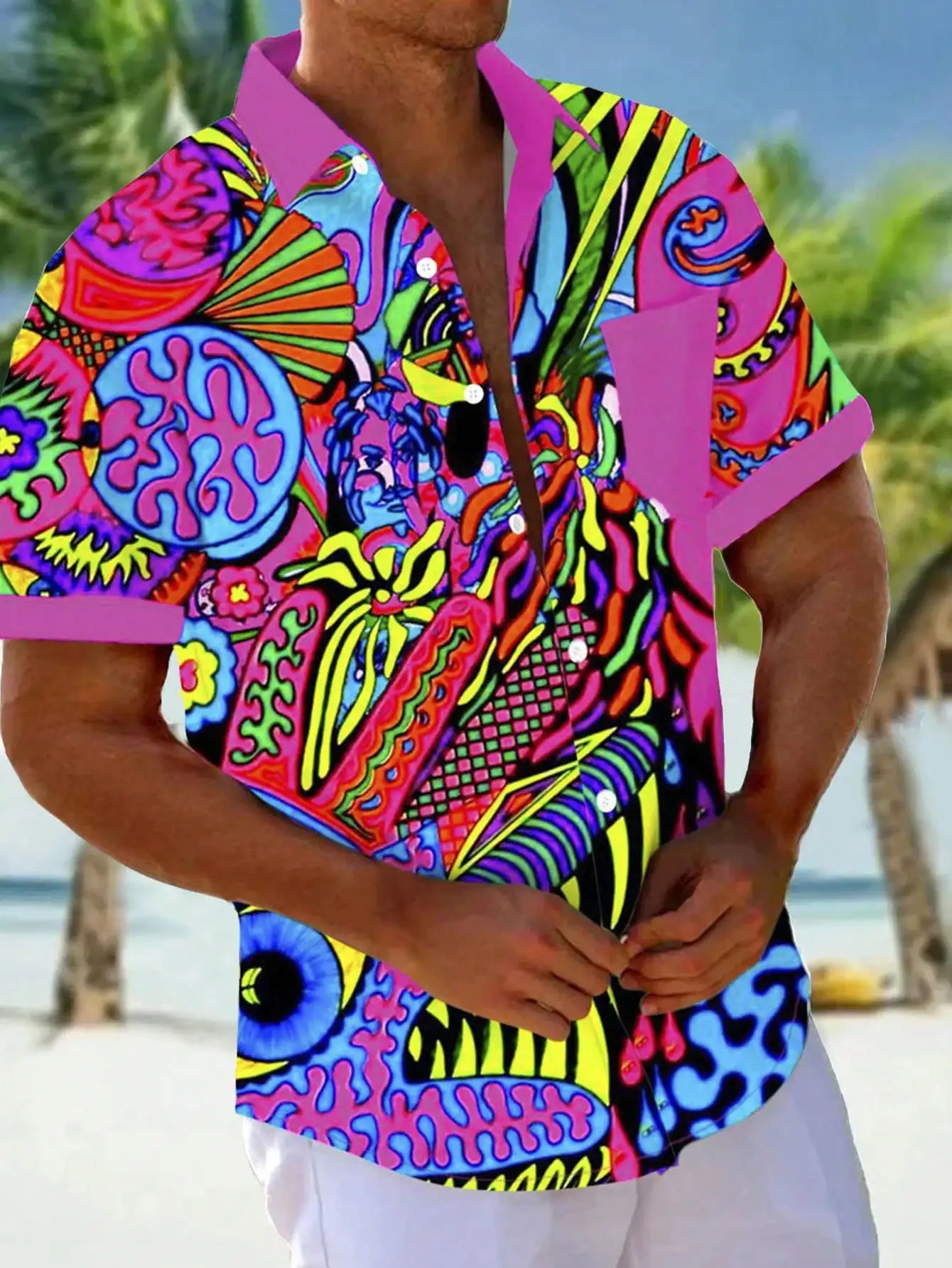 

Vibrant Psychedelic Print Men's Short Sleeve Button-Up Shirt
