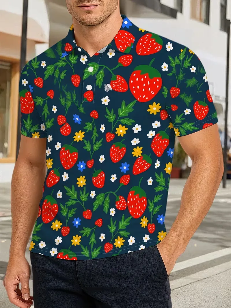 Men's 3D Strawberry & Floral Print Polo Shirt Summer Short Sleeve Lapel Neck Polo Shirts Casual Tee Shirt Tops For Holiday