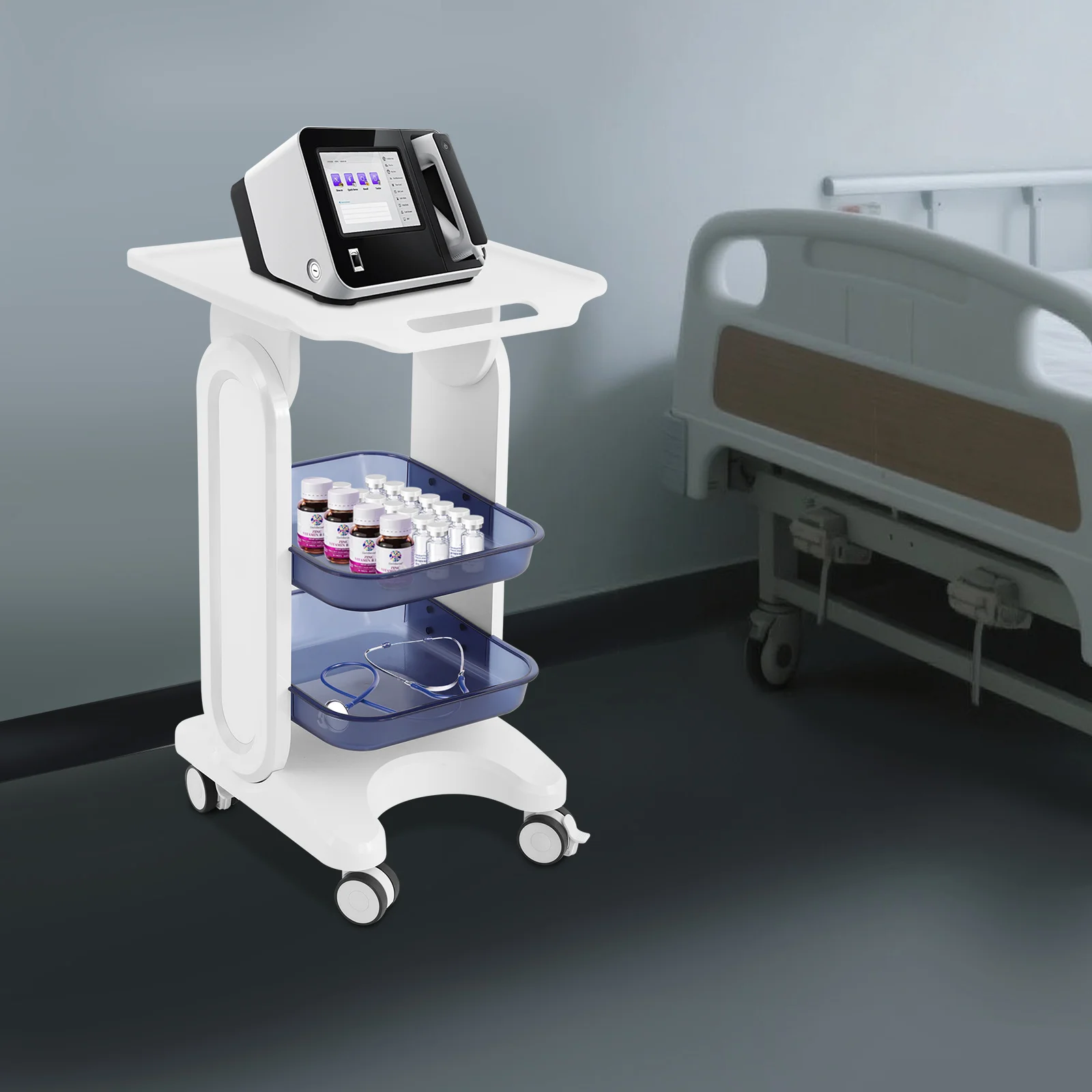 Medical Cart, Beauty Salon Storage Cart, Beauty Tool Storage Cart, 3-Tier Modern PC Rolling Organizer, Hospital Clinic Spa Nail Salon Labs, White Blue, Large Durable Tray Shelves, Free Standing, Multi-Purpose For Equipment Tools Supplies view 7