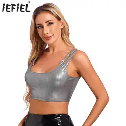 Sexy Womens Silver Top Low U Neck Double Straps Slim Fit Crop Top Club Wear Dance Party Jazz Disco Metallic Shiny Belly Top