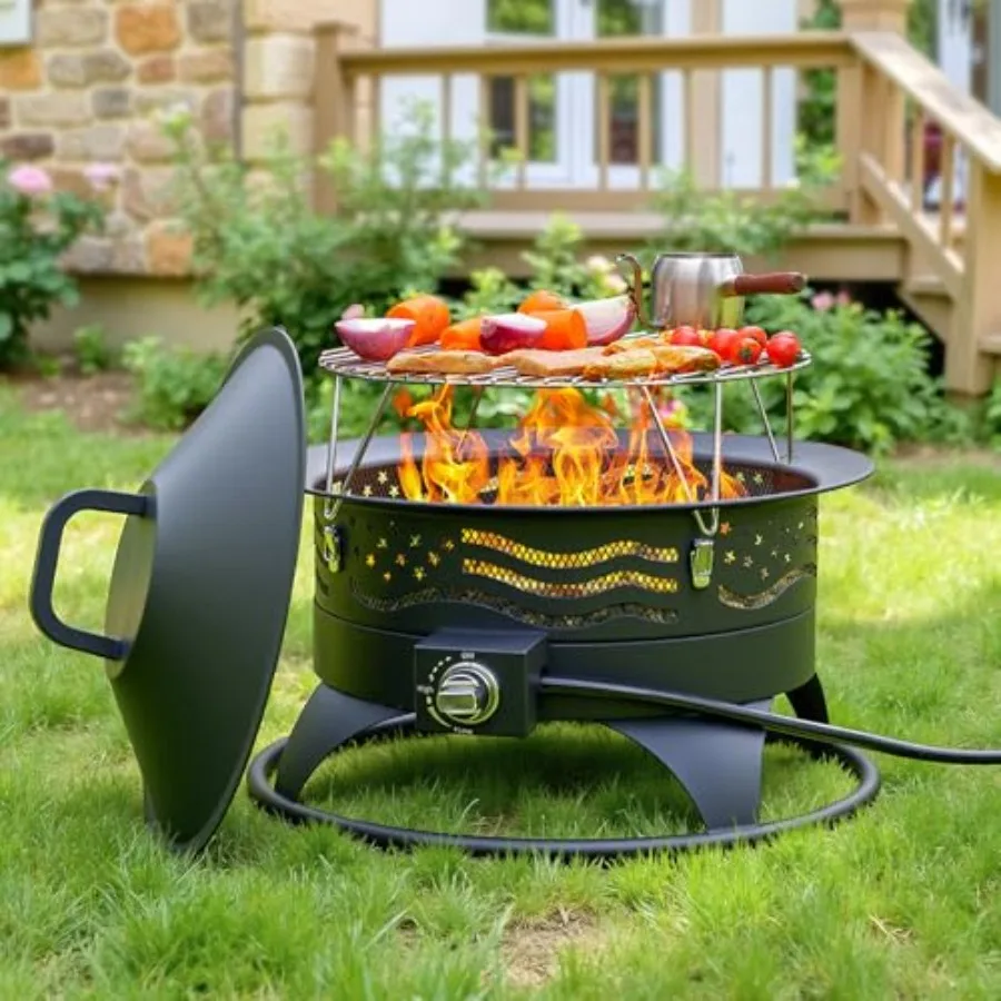 24 Inch Portable Propane Fire Pit with Grill and Adjustable Flame for outdoor use, stainless steel, black, weather-resistant an
