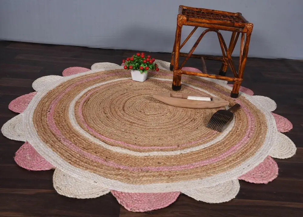 Handmade Round Scalloped Round Carpet Rug Hallway Rug Beige & White/Pink Color Carpets for Living Room