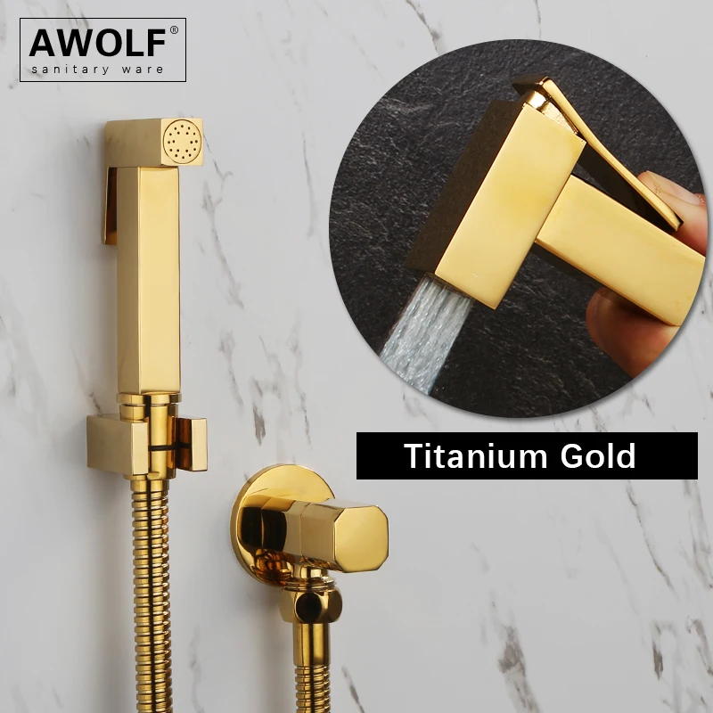 Awolf Titanium Gold Hygienic Shower Solid Brass Toilet Bidet Sprayer Set Square Shattaf Shower Head & Anal Shower System AP2108