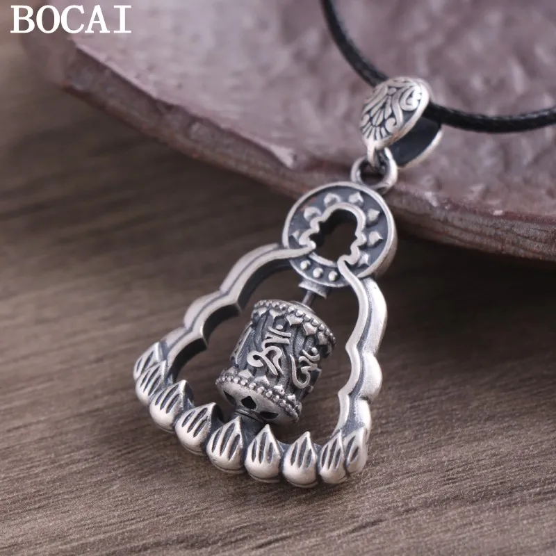 

BOCAI S925 Sterling Silver Vintage Hollowed Out Buddha Statue Six Character Mantra Prayer Tube Pendant